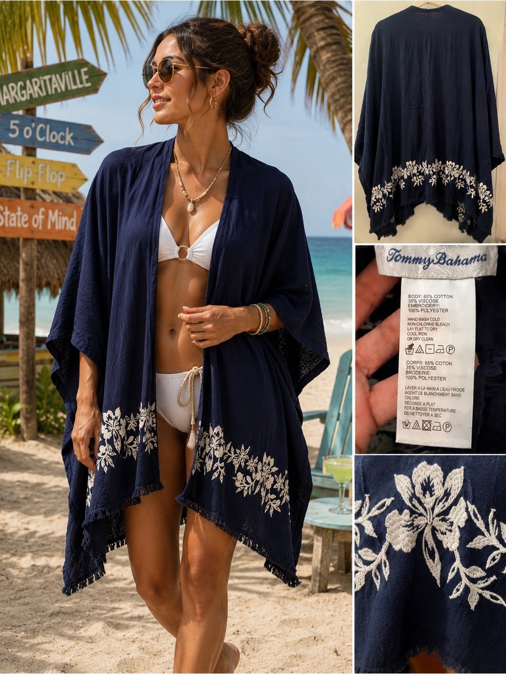 Tommy Bahama Navy Cover-Up Kimono with White Floral Embroidery
